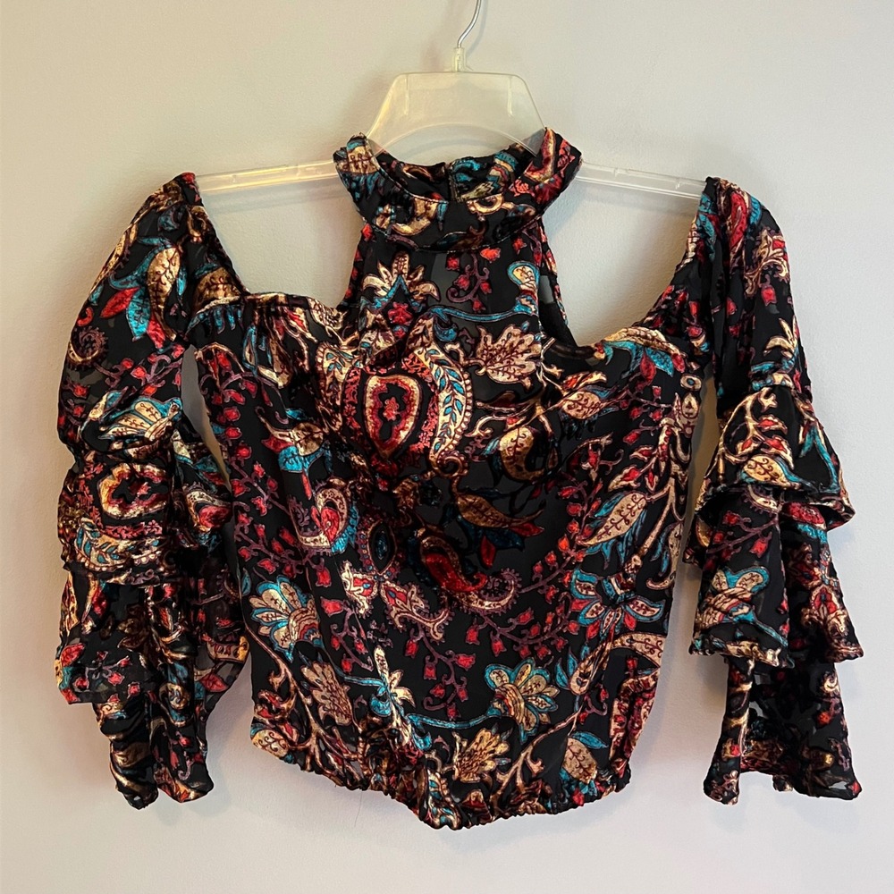 Paisley Burnout Velvet Cold Shoulder Ruffle Top 6 S Whimsigoth Boho Festival